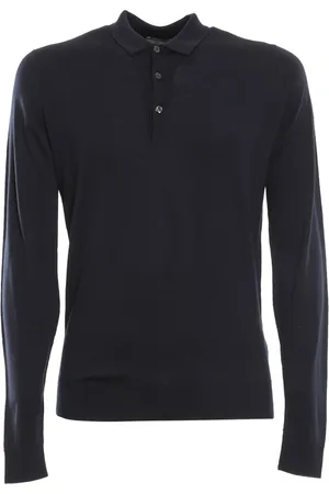 JOHN SMEDLEY Round-neck Knitwear, male, , S, Blue Merino Wool Long Sleeve Polo