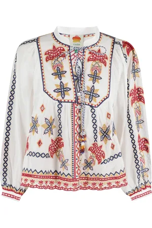 Farm Rio Blouses, female, , S, Embroidered Blouse in White Voile Cotton