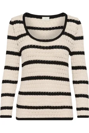 Kaffe Round-neck Knitwear, female, , 2XL, Striped Knit Pullover Feather Gray/Black