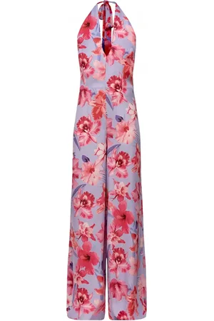 Pinko Jumpsuits, female, , S, Sleeveless satin jumpsuit with tropical flowers