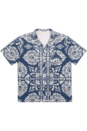 Universal Works Short Sleeve Shirts, male, , M, Navy Island Print Road Shirt