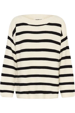 Soaked in Luxury Round-neck Knitwear, female, , S, Striped Knit Pullover White with Black Stripes