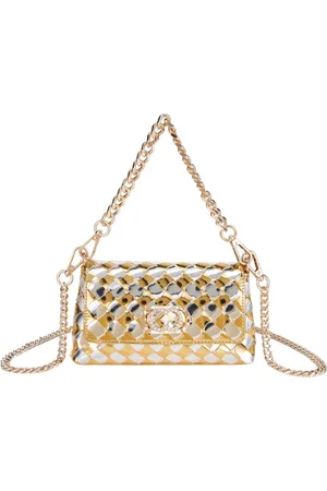 La Carrie Golden Woven Clutch with CC Logo