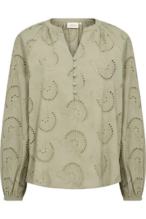 Cream Blouses, female, , 3XL, Embroidered Blouse with V-Neck