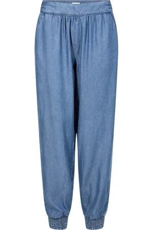 Cream Loose-fit Jeans, female, , L, Smocked Harem Pant in Medium Denim
