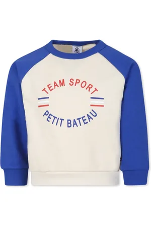 Petit Bateau Sweatshirts, unisex, , 12 Y, Ivory Round Neck Sweatshirt with Blue Sleeves
