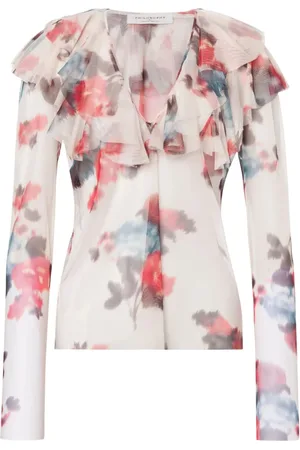 Serafini Blouses, female, , S, Beige Floral Print Ruffled Top