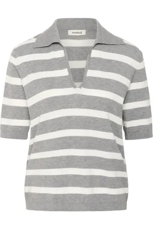 Soaked in Luxury V-neck Knitwear, female, , S, Striped Polo Pullover Jumper Grey Melange
