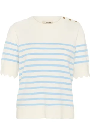 Cream Striped Knit Blouse with Button Details