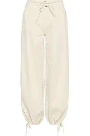 Cream Straight Trousers, female, , W32 L32, Relaxed Twill Trousers with Tie Details