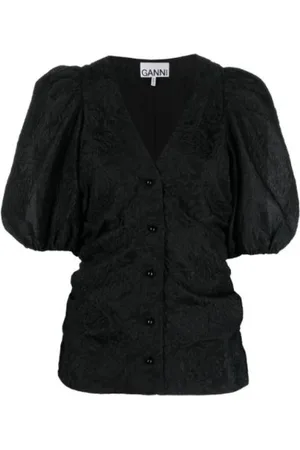 Ganni Blouses, female, , XS, Floral Jacquard Puff-Sleeve Blouse