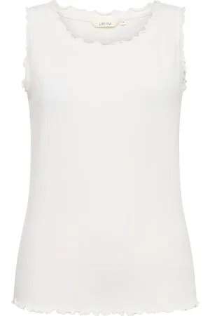 Cream Sleeveless Tops, female, , XL, Boatneck Top with Curled Edges