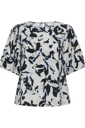 Kaffe Blouses, female, , XS, Leaf Print Blouse Beige/Black/Blue