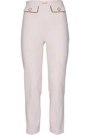 Elisabetta Franchi Slim-fit Trousers, female, , M, Ivory Crêpe Frontal Logo Trousers