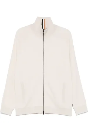 HUGO BOSS Cardigans, male, , XL, White Zip Cardigan Ribbed Contrast Wool