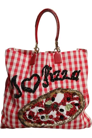 Dolce & Gabbana Red Checkered Pizza Embellished Tote Bag