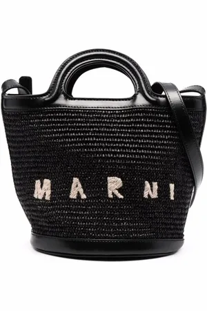 Marni Handbags, female, , ONE SIZE, Straw/Leather Bag with Embroidered Logo