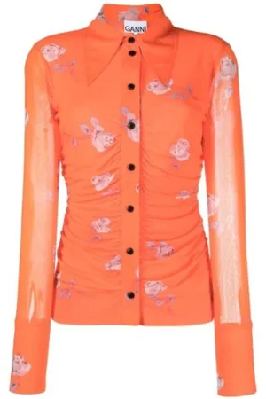 Ganni Printed Mesh Ruched Shirt Orangeade