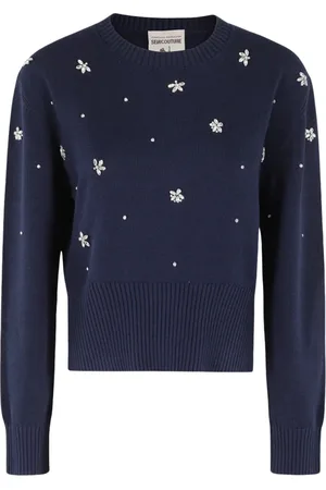 SEMICOUTURE Long Sleeve Cotton Top with Side Slits and Rhinestone Detail
