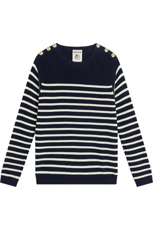 SEMICOUTURE Round-neck Knitwear, female, , M, Striped cotton long sleeve top with gold button detail