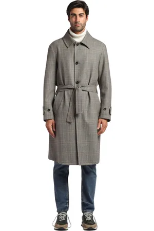 BARENA Belted Coats, male, , XL, Check Trench Coat with Shirt Collar