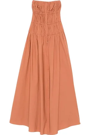 FORTE FORTE Front Buttoned Strapless Midi Dress with Ruched Detail