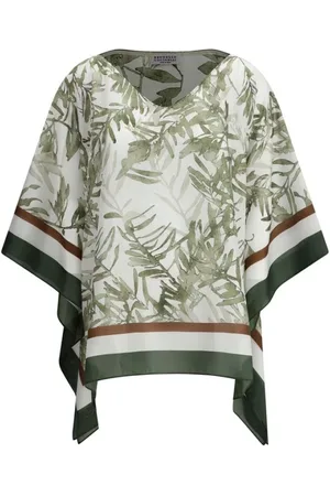 Brunello Cucinelli Leaf Print Silk Blouse Jacket