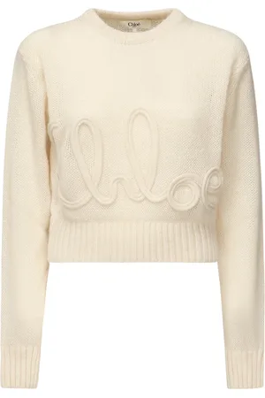 Chloé Round-neck Knitwear, female, , S, White Jumper with Embroidered Logo