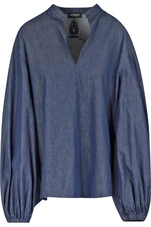Dondup Denim V-Neck Blouse with Balloon Sleeves