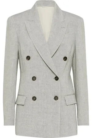 Brunello Cucinelli Ash Grey Double-Breasted Jacket with Monili Chain Detail