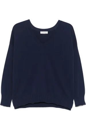 LE TRICOT PERUGIA V-neck Knitwear, female, , M, Navy Cotton Jumper with Ribbed V-Neck