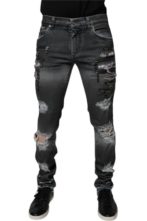 Dolce & Gabbana Slim-fit Jeans, male, , M, Tattered Skinny Denim Jeans with Logo Details