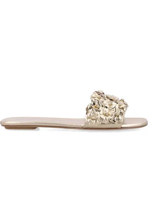 Stuart Weitzman Sliders, female, , 4 UK, Golden Closed Flat Slide with Floral Embellishments
