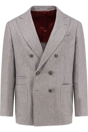 Brunello Cucinelli Blazers, male, , L, Iconic Double-Breasted Linen Jacket Grey