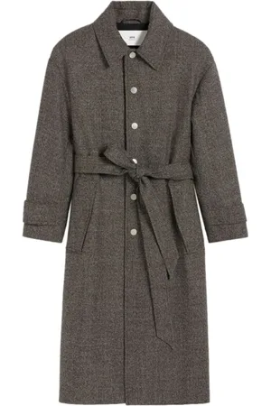 Ami Belted Coats, male, , S, Brown Speckled Trench Coat with Silver Buttons