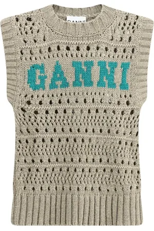 Ganni Round-neck Knitwear, female, , M, Perforated Knit Vest with Ribbed Hem