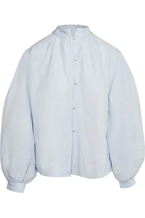 Hest Faded Denim Woven Blouse with Puff Sleeves