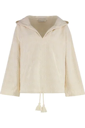 Tory Burch Hooded V-neck Sweatshirt with Drawstring Waist