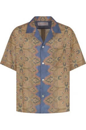 VALENTINO Short Sleeve Shirts, male, , XL, Imaginaire Print Linen Bowling Shirt