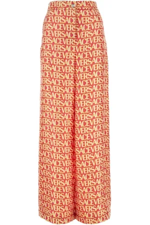 VERSACE Wide Trousers, female, , XS, Printed silk wide-leg pant