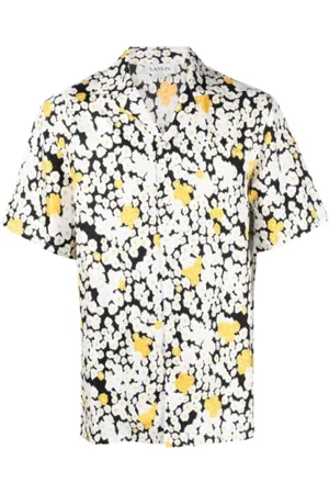 Lanvin Short Sleeve Shirts, male, , M, Short Sleeve Black Silk Floral Print Shirt