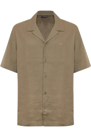 Emporio Armani Short Sleeve Shirts, male, , M, Short-sleeve linen shirt with eagle embroidery
