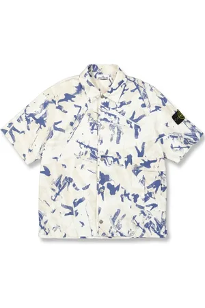 Stone Island Short Sleeve Shirts, male, , S, Compass Printed Cotton Shirt in