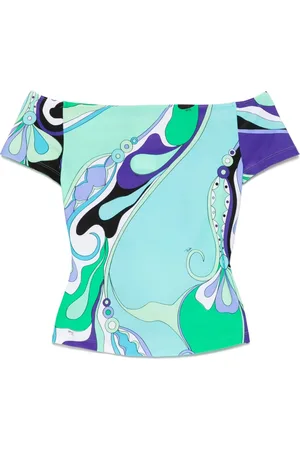 Emilio Pucci Blouses, female, , S, Blue Off-Shoulder Short Sleeve Shirt