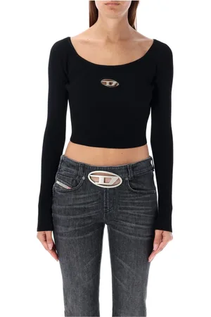 Diesel Long Sleeve Tops, female, , M, Ribbed Crop Top with Metallic Logo