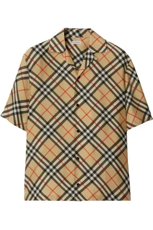 Burberry Short Sleeve Shirts, male, , 3XL, Check Pattern Silk Camp Collar Shirt