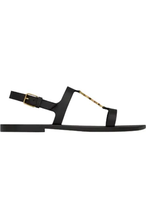 Saint Laurent Bronze-tone Leather Sandals with Ankle Strap