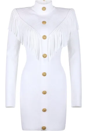 Balmain Fringed Minidress with Diamond Pattern