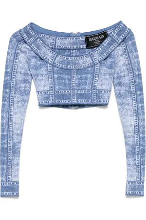 Balmain Denim Effect Long-Sleeved Top with Logo