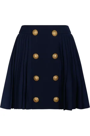 Balmain Navy Wool Pleated Miniskirt